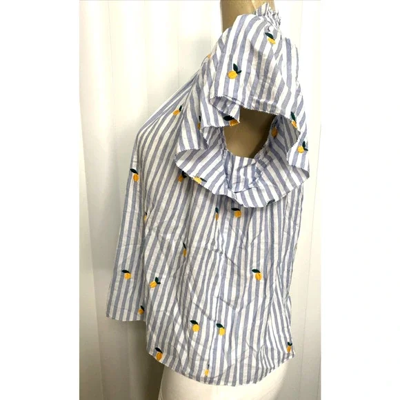 Trovata Birds of Paradis Carla Blouse Top Blue Stripe Short Sleeve Meyer Lemon S - Picture 4 of 10